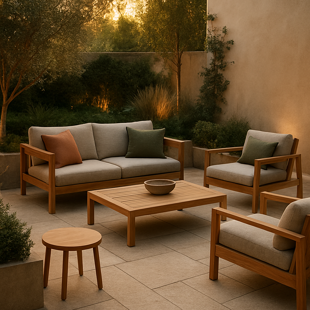 Luxury outdoor patio with modern furniture and ambient lighting